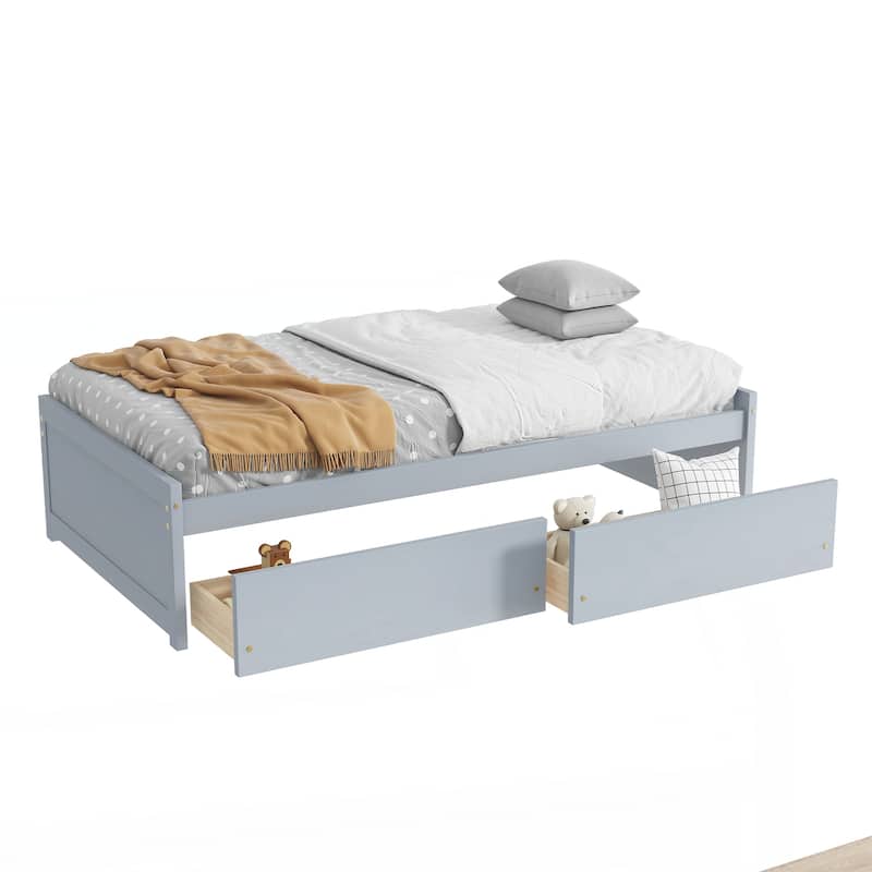 Twin Size Bed with 2 Drawers, Solid Rubber Wood Bed