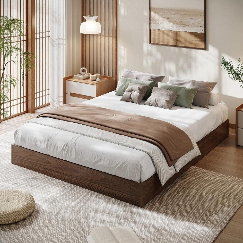 Space-Saving Sturdy Floor-Standing Platform Bed Frame, No Box Spring Needed, Brown