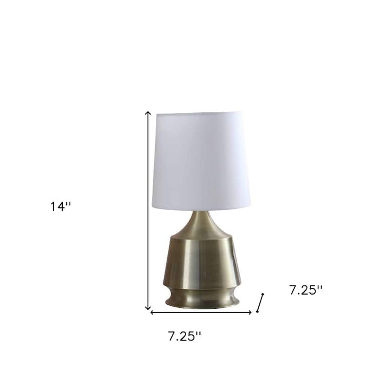 Brass Metal Small Bedside Lamp with White Linen Empire Shade - 7.25” x 7.25” x 14” (D x W x H)