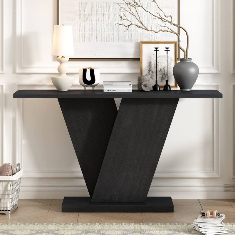 59.8" V-Base Console Table with Natural Wood Veneer - Black