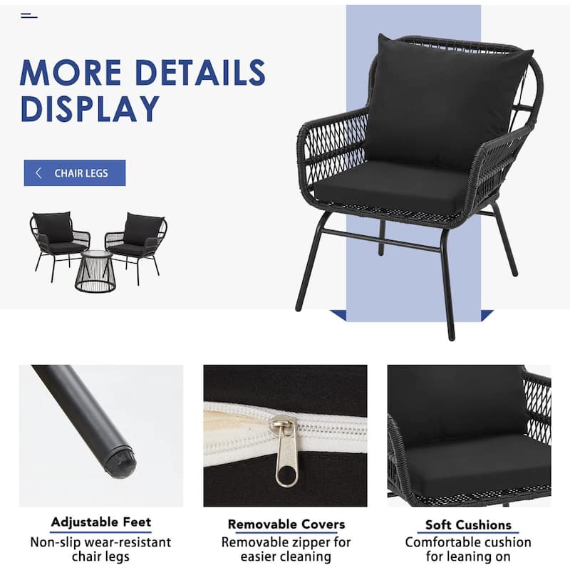 EROMMY 3-Piece Patio Conversation Set with Glass Table & 2 Armchairs, Seat Cushions