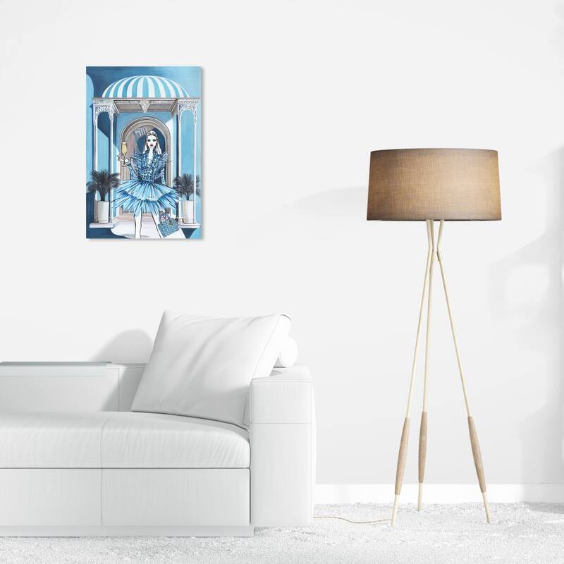 Wynwood Studio Fashion and Glam Girl in a blue dress Blue and Celeste Glam Wall Art Canvas Print - 24 x 16