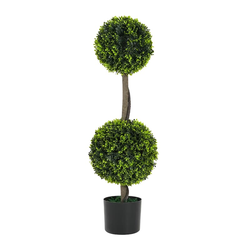 34" Artificial Topiary Boxwood Tree Double Ball with Black Plastic Pot, Set of 2