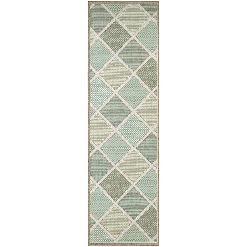 Dream Decor Rugs Samantha Dustin Beige Aqua Blue Outdoor Area Rug - 2'3" x 7'10" Runner