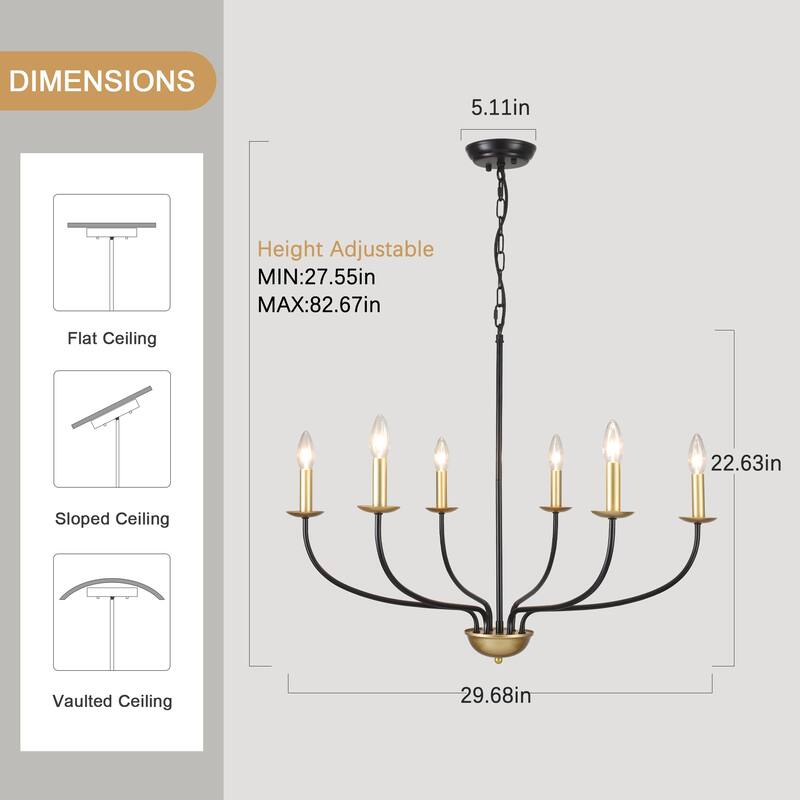 6-Light Farmhouse Candle Chandelier Modern Hanging Lamp for Living Room Kitchen Hallway Entryway - N/A