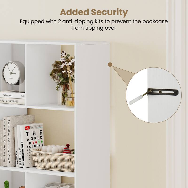 Gymax Open Shelf Bookcase w/12 Storage Compartments 2 Anti-Tip Kits