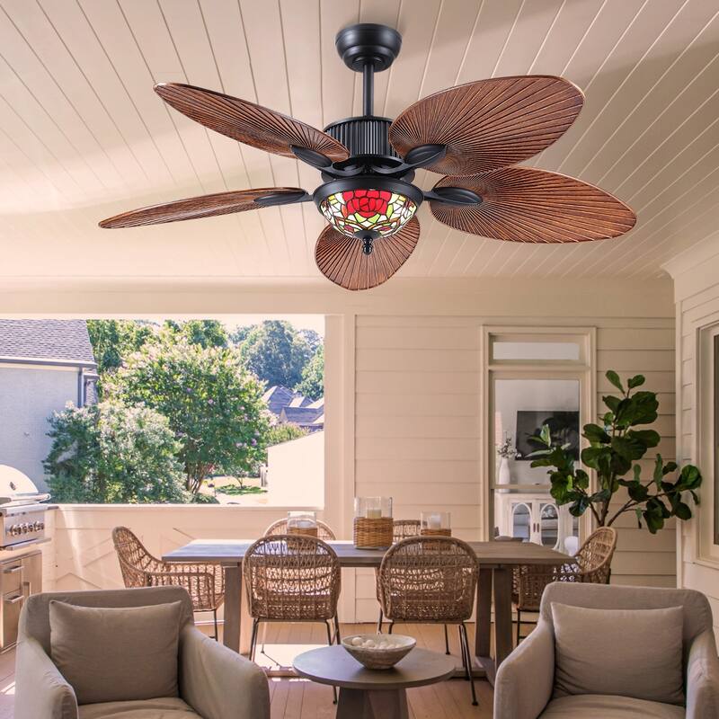 50" /52" Tiffany Tropical Ceiling Fan with 5 Blades and Vintage Cover Waterproof for Indoor and Outdoor Patio
