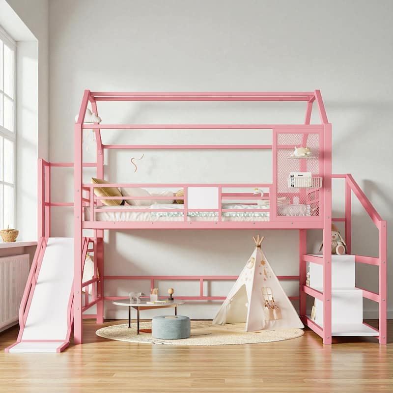 Twin/Full Metal House Loft Bed with Slide and Stairs, Kids Playhouse Bed with Roof, Storage Shelves & Guardrails - Pink - Full