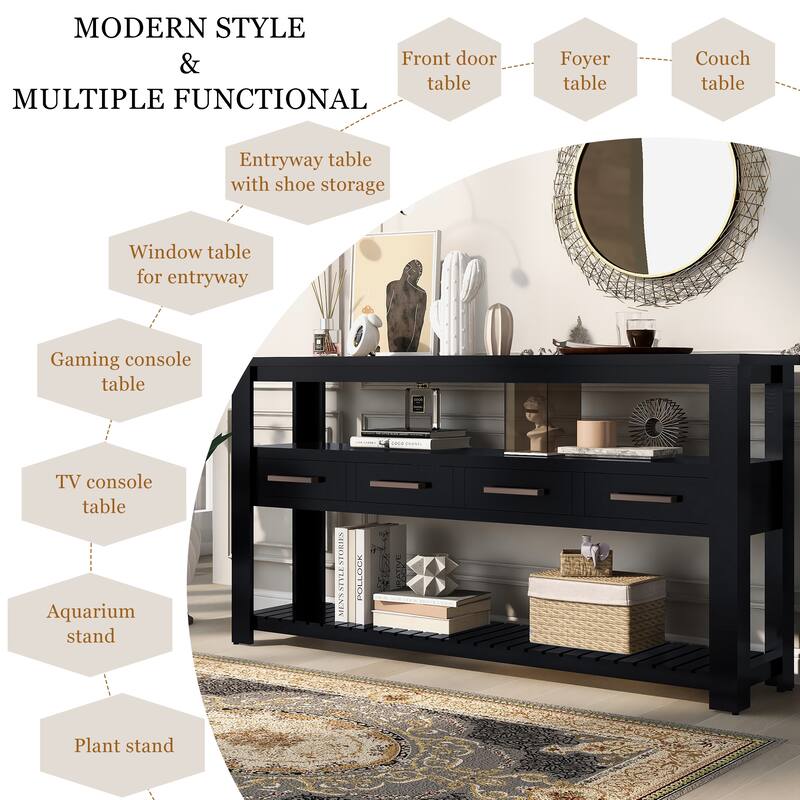61.5'' Entryway Table with 4 Drawers, Console Table with 3-Tier Open Shelves and Metal Handles, Versatile Hallway Sofa Table