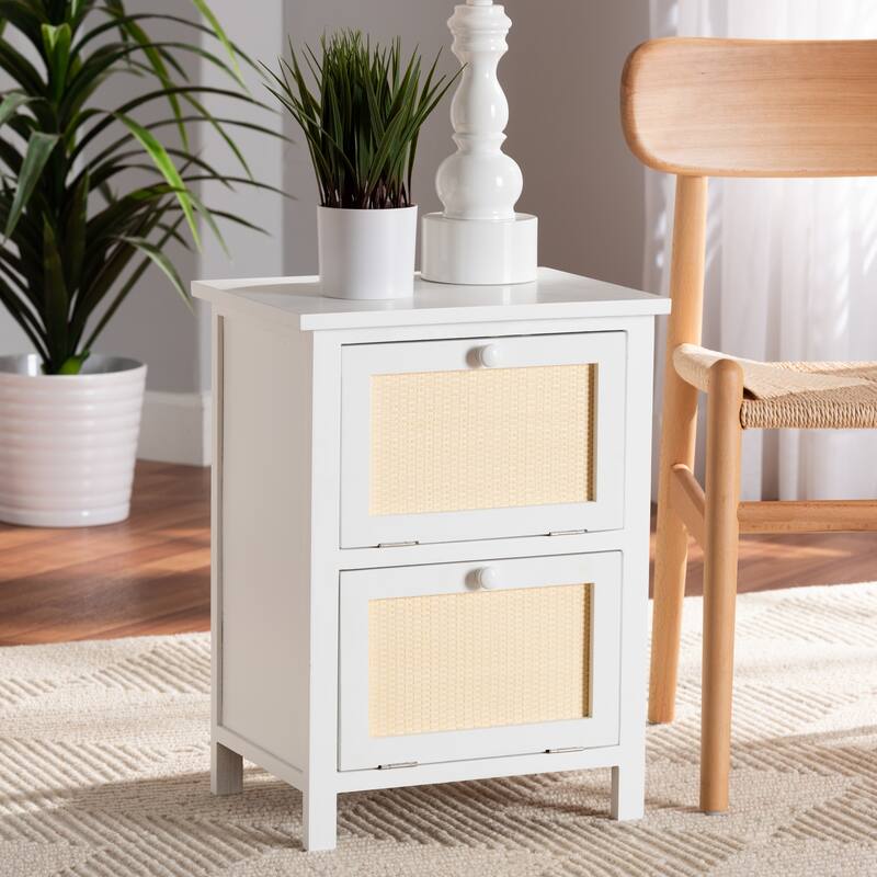 Baxton Studio Sariah Mid-Century Modern White Finished Wood and Rattan 2-Door End Table