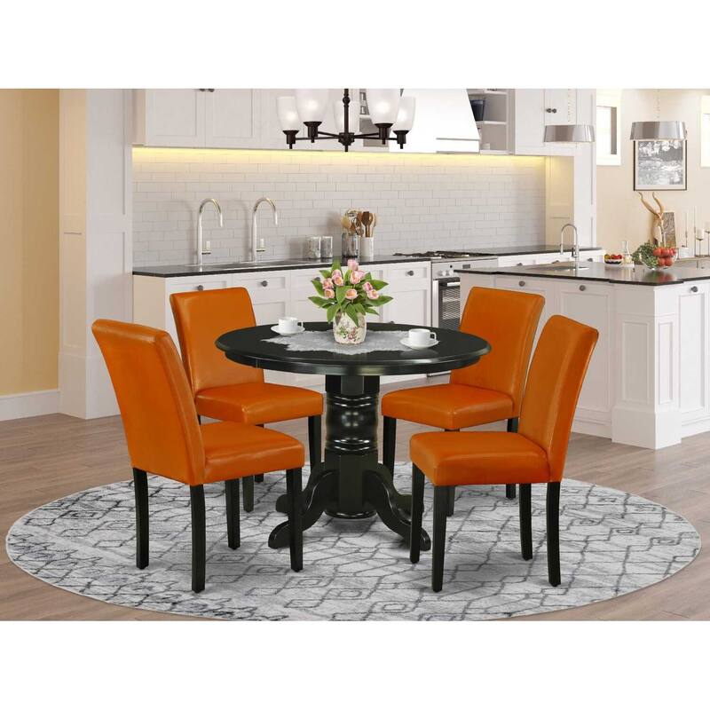 HomeStock 5-Piece Round Black Finish Solid Wood Top Dining Table with 4-Parson Chair with Lattice Back