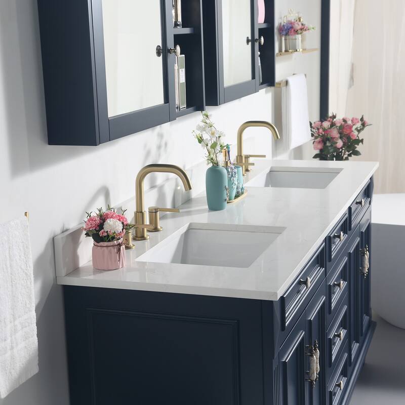 35'' H Solid Wood Bath Vanity with Stain-resistant Carrera White Quartz Top and Double Sink