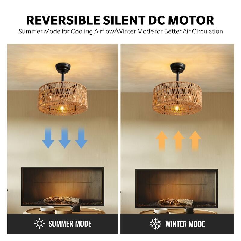 18 in. Boho Caged Ceiling Fan with Light Rattan Farmhouse Fandelier Low Profile Ceiling Fan for Bedroom Kitchen Living Room