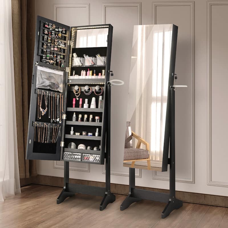 Gymax Standing Jewelry Cabinet Full Length Mirror Lockable w/ 3-Color