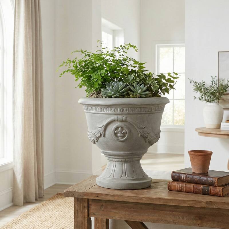 Christopher Knight Home - Classical 16.14"H Outdoor Pedestal Urn Planter with Heraldic Carved Design - Gray