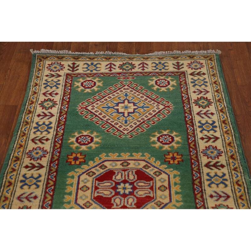 Traditional Green Kazak Runner Rug Hand-Knotted Wool Carpet - 2'8" x 16'4"