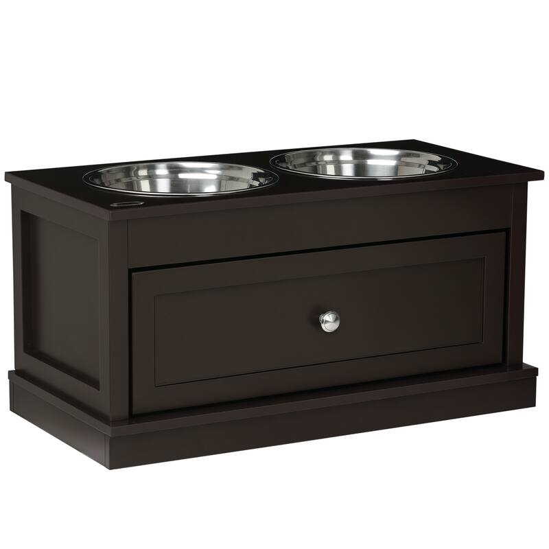PawHut Large Elevated Dog Bowls with Storage Drawer Containing 11L Capacity, Raised Dog Bowl Stand - Coffee