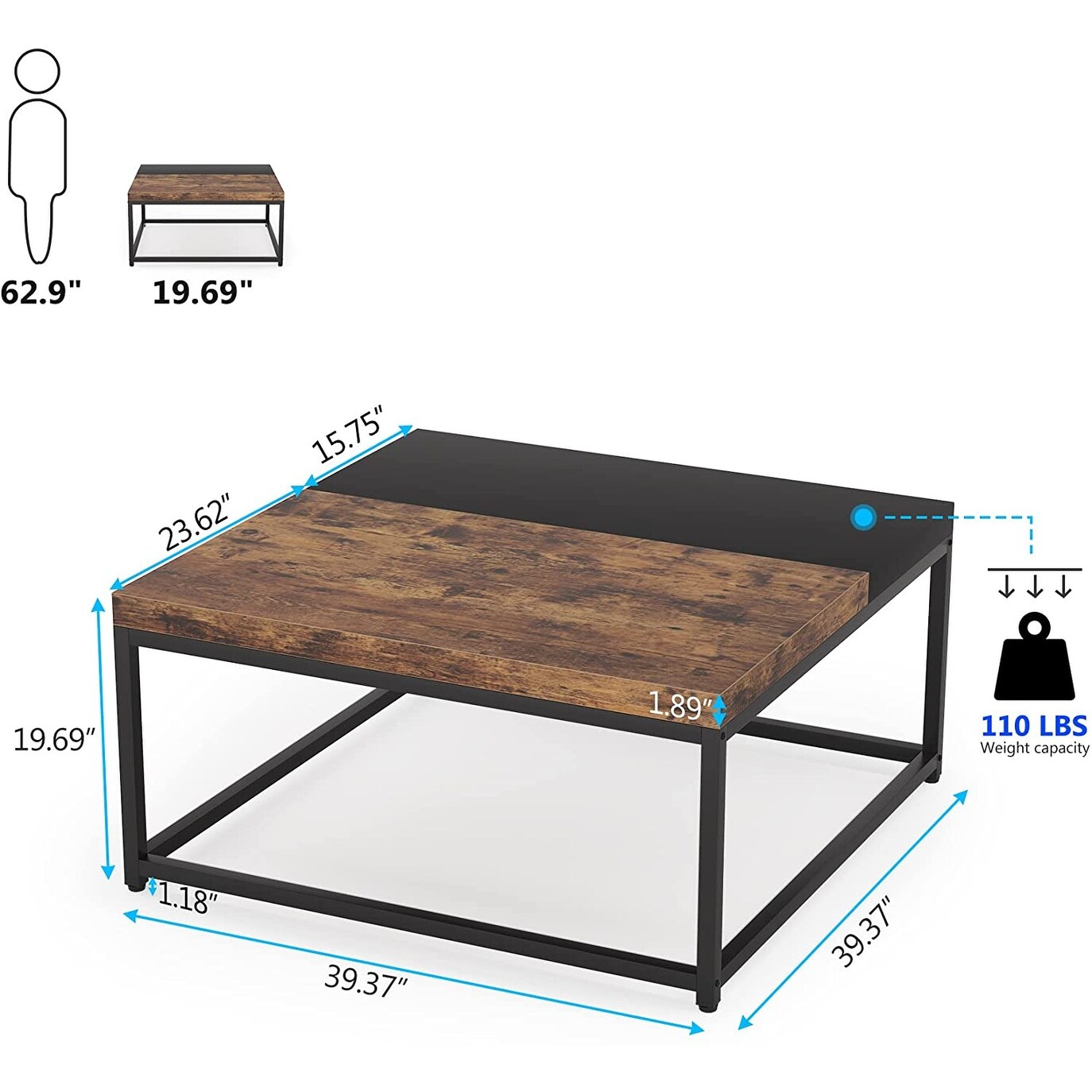 Square Solid Wood Coffee Table, Open Storage Shelf Living Room Center Cocktail Accent Table