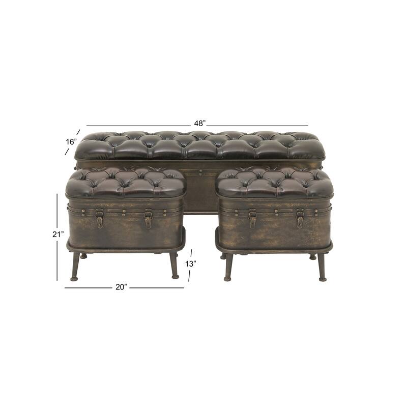 Bronze Metal Weathered Room Storage Bench with Dark Brown Tufted Faux Leather (Set of 3)