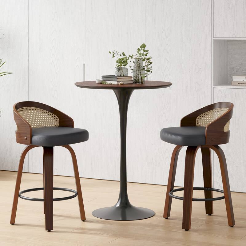 Swivel Bar Stools Set of 2, Modern Wood Frame with Rattan Back, PU Leather Stool for Kitchen Counter, Upholstered Barstools