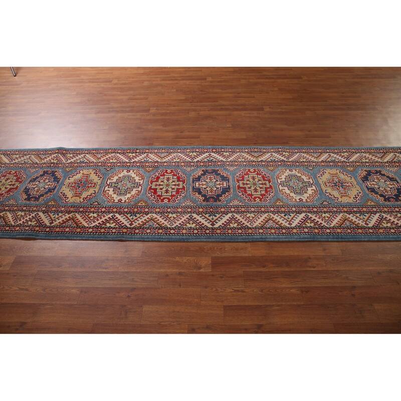 Blue Geometric Kazak Runner Rug Hand-Knotted Wool Carpet - 2'9" x 11'3"
