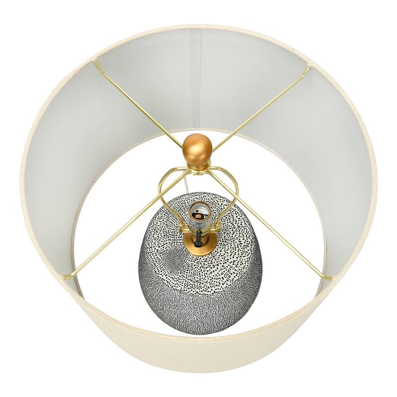 Textured Stoneware Table Lamp with Gold Accents and Linen Shade