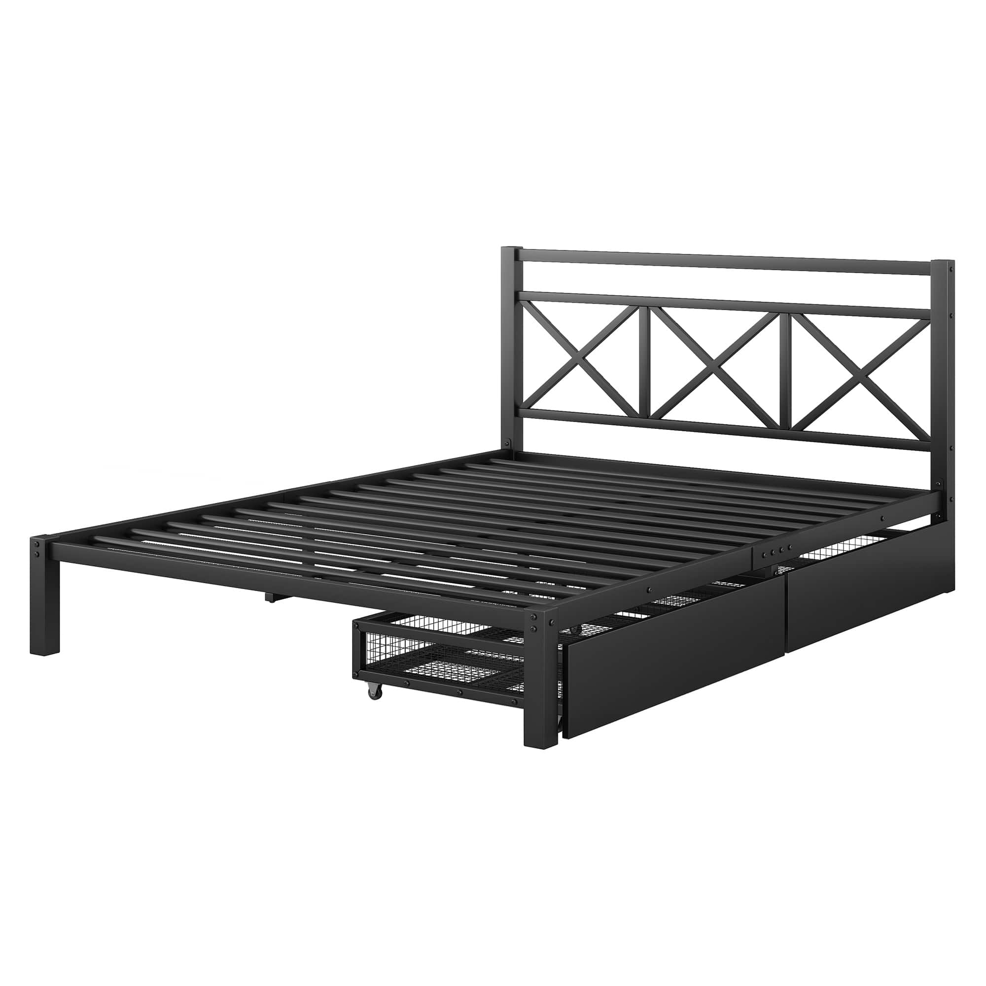 Sturdy Black Metal Queen Platform Bed Headboard, 2 Storage Drawers