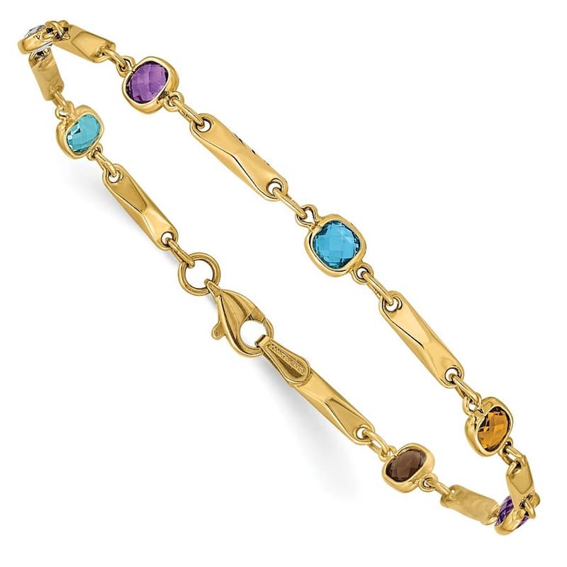 Curata 14k Yellow Gold Polished Fancy Multi Gemstone Fancy Link Bracelet