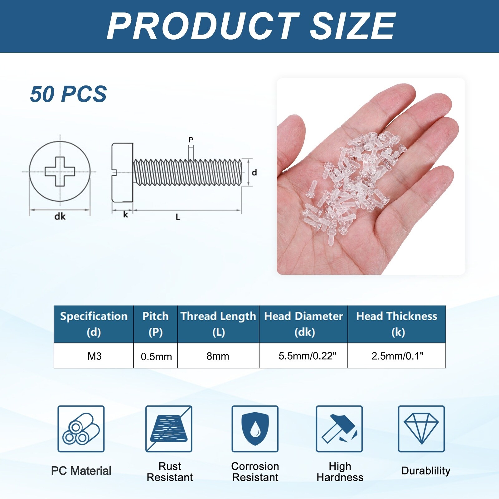 Clear PC Plastic Self-tapping Screw, Phillips Round Head Bolts for Machine Accessories, Transparent