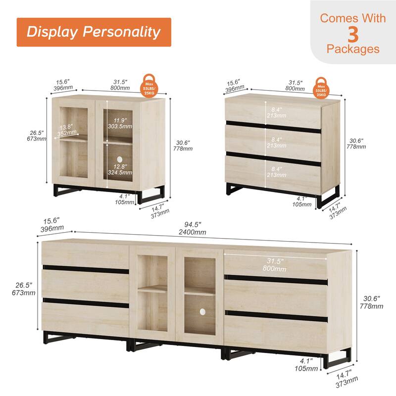 WAMPAT 3 in 1 Multifunctional Dresser with Glass Doors and 6 Drawers, Modern Chest of Drawers for Bedroom