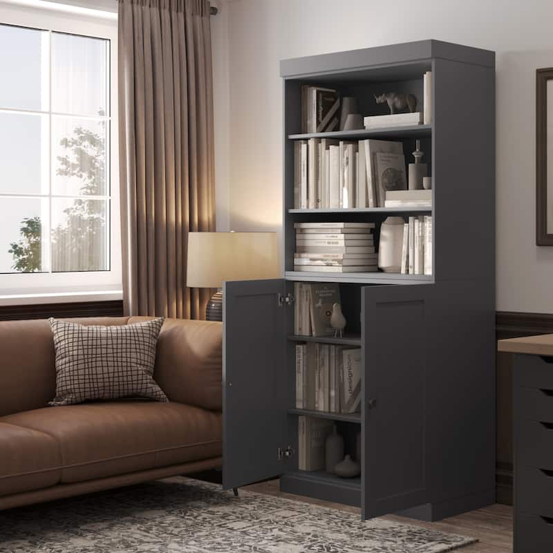 Solid Wood Tall Bookcase with Doors, Adjustable Shelves, Modular Storage, Open Display Bookshelf, 32" W x 71.5" H - Gray