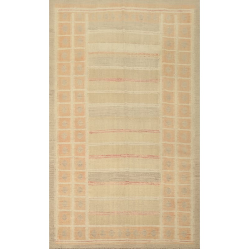 Hand Woven Oriental 100% Wool Carpet Southwestern Tribal Beige & Ivories Kilim Area Rug - 9' 0'' X 5' 11''