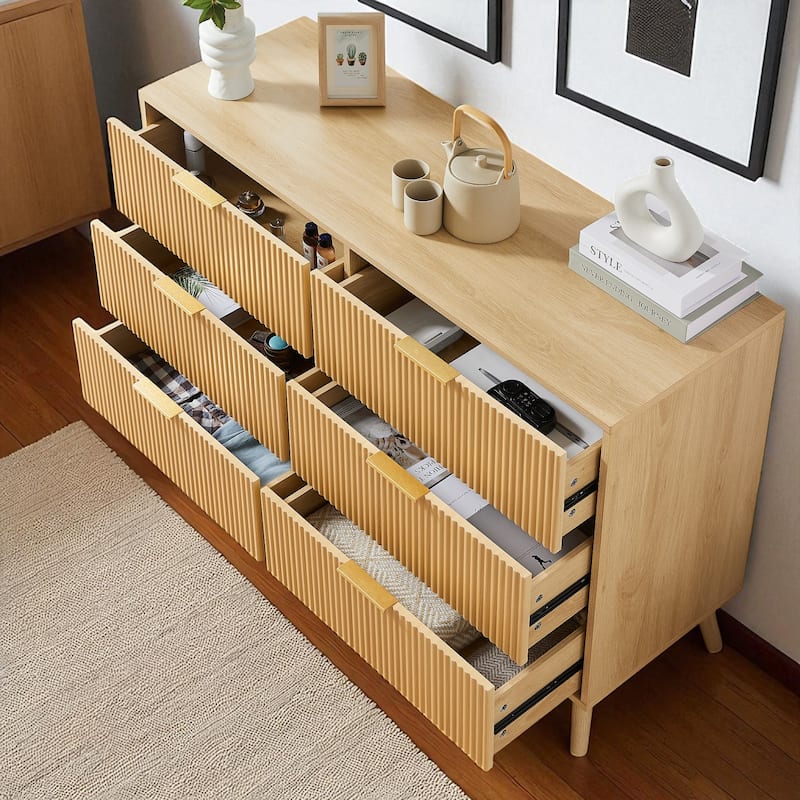 Natural 6 Drawer Dresser, Wooden Double Chest with Wavy Front Design, Storage Cabinet for Bedroom, Hallway, Entryway