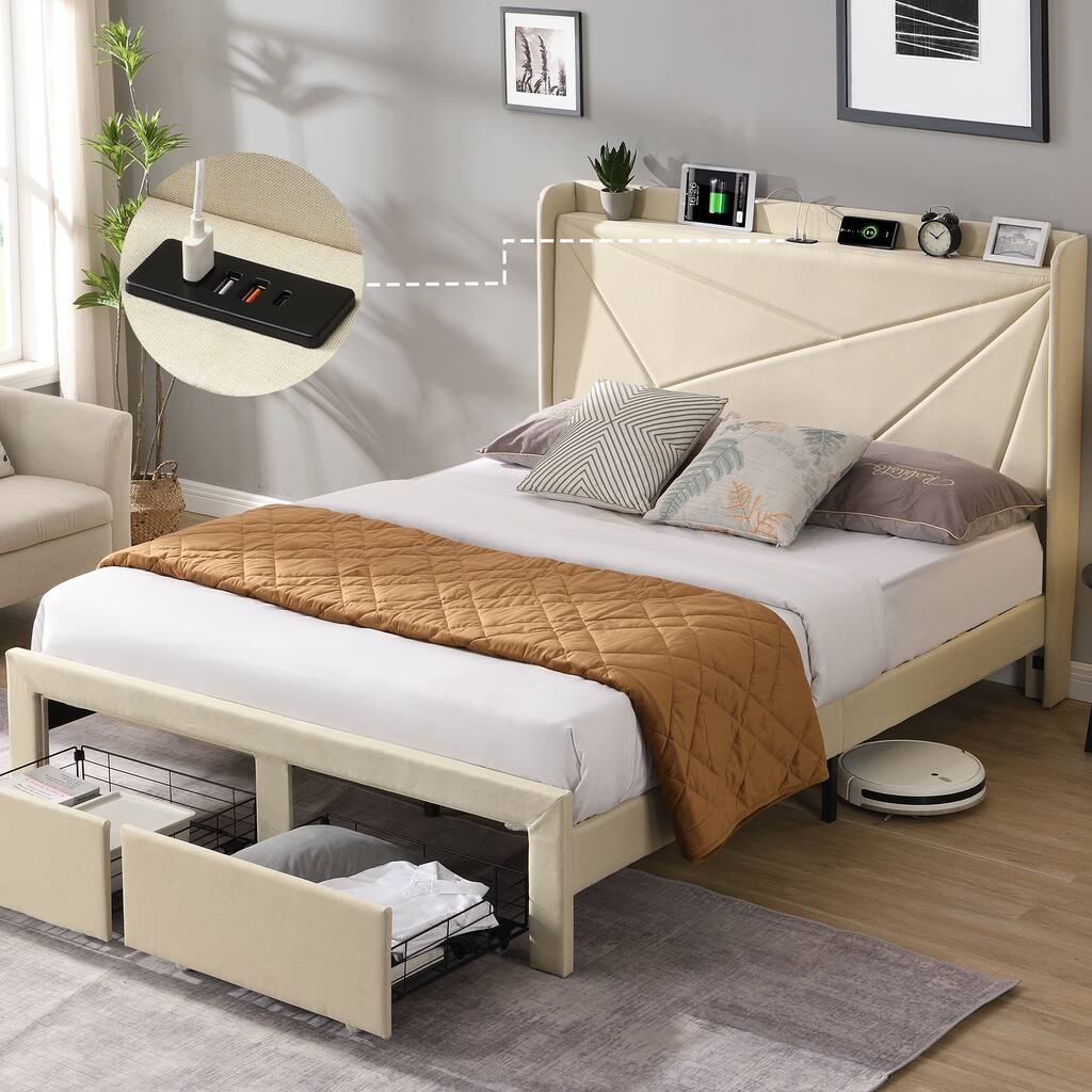Beige Queen Size Bed Frame with 2 Storage Drawers