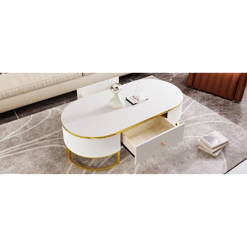 Sleek Oval Coffee Table, White MDF Top with Gold Lacquer Base, Storage Drawers, 47.2"