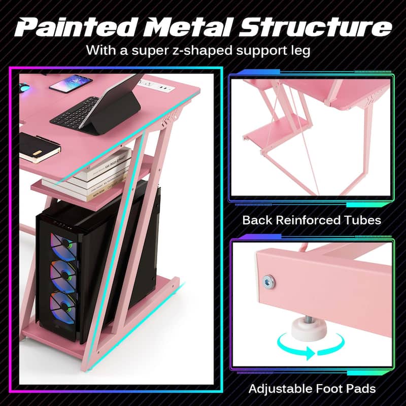 Costway L Shaped Gaming Desk with Outlets & USB Ports Monitor Shelf