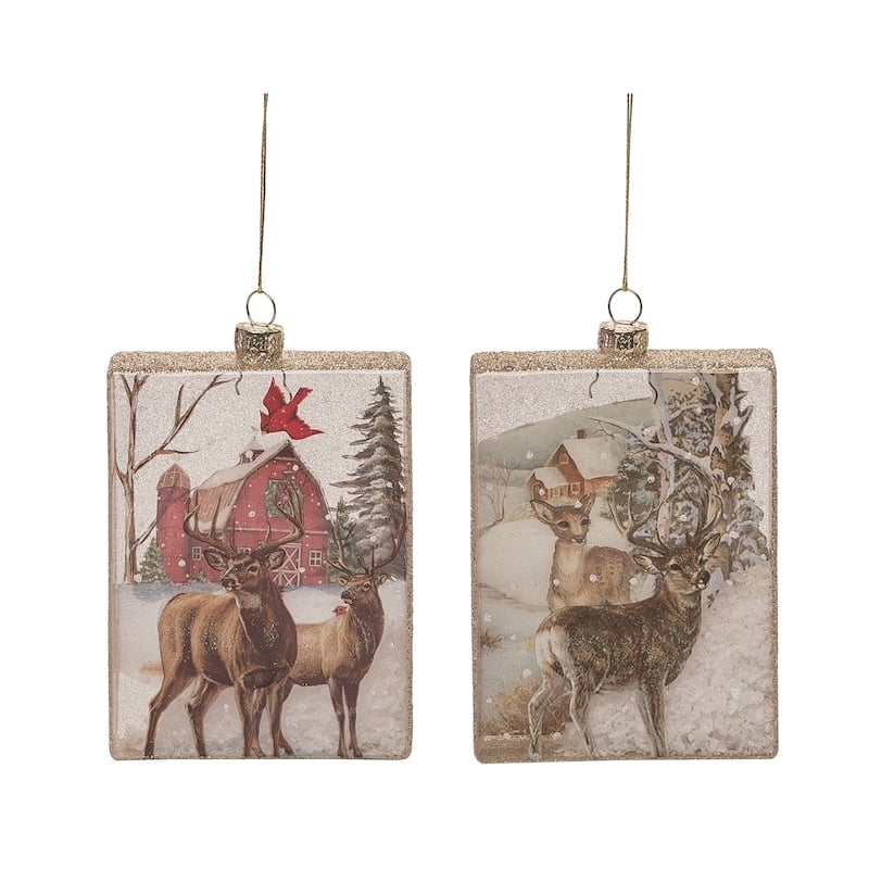 Transpac Glass Painted Barn Scene Ornament Set of 2 Christmas Home Decorations