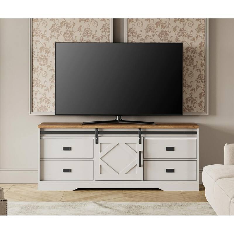 WAMPAT Farmhouse TV Stand with Sliding Barn Door for Living Room - Antique White