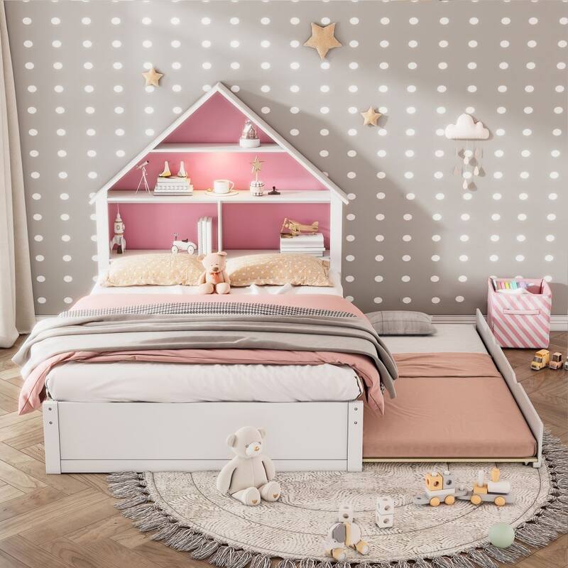 Full Size House-Shaped Bed with Bookcase Headboard and Led Light and Twin Size Trundle - White+Pink