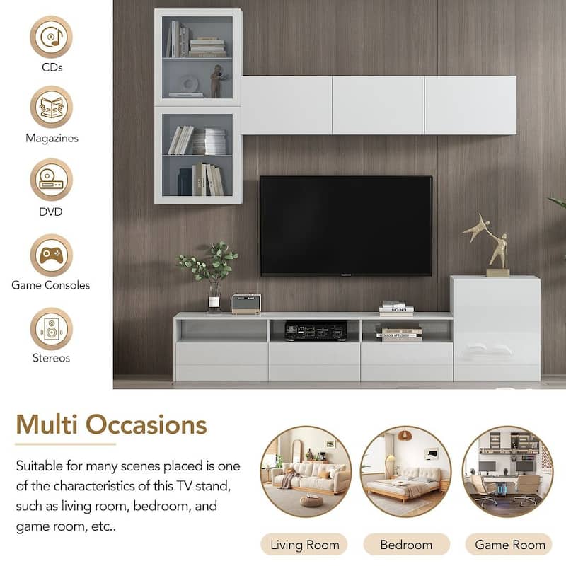 93" Modern High Gloss TV Stand with Wall Mounted Floating Storage Cabinets