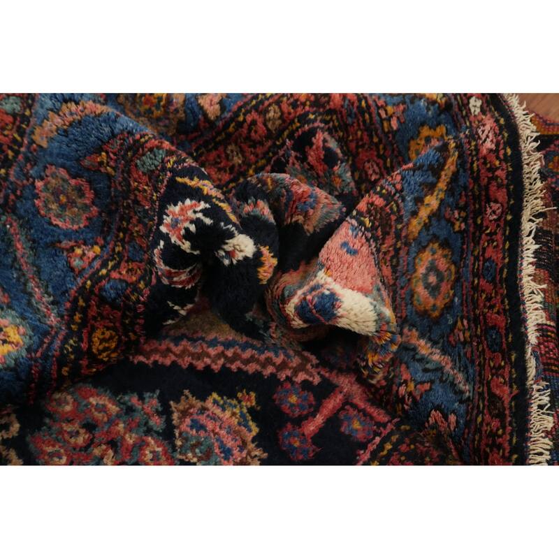 Hand Knotted Oriental 100% Wool Carpet Traditional Geometric Navy Blue & Blues Heriz (serapi) Runner Rug - 16' 4'' X 4' 0''