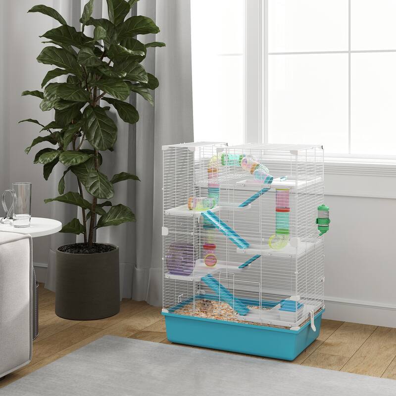 PawHut Hamster Cage, 6 Tier Small Animal Cage with Tubes and Tunnels, 32" DIY Design Large Hamster Cage with Hut, Light Blue