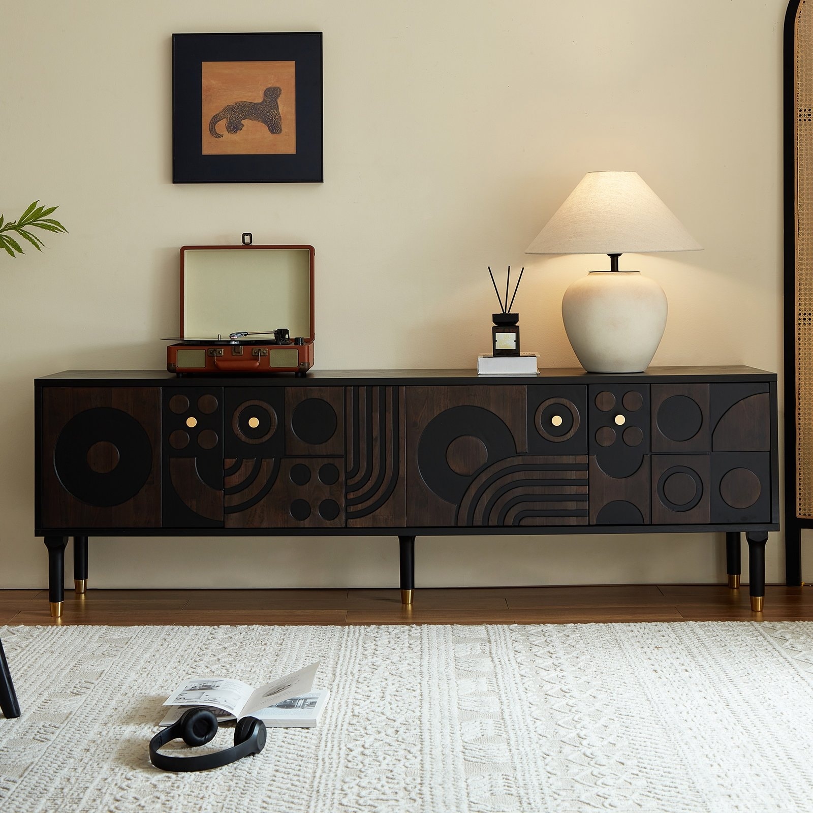 Mid-Century Modern TV Cabinet Black Entertainment Center with 4 Storage Cabinets for 55+" TVs, Minimalist Design for Living Room