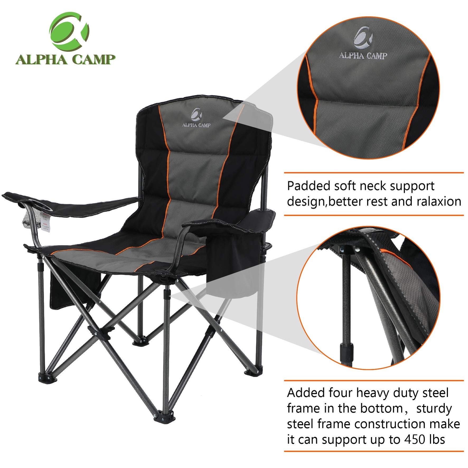  ALPHA CAMP Oversized Camping Folding Chair, Heavy Duty Support  450 LBS Steel Frame Collapsible Padded Arm Chair with Cup Holder Quad  Lumbar Back, Portable for Outdoor,Black : Sports & Outdoors