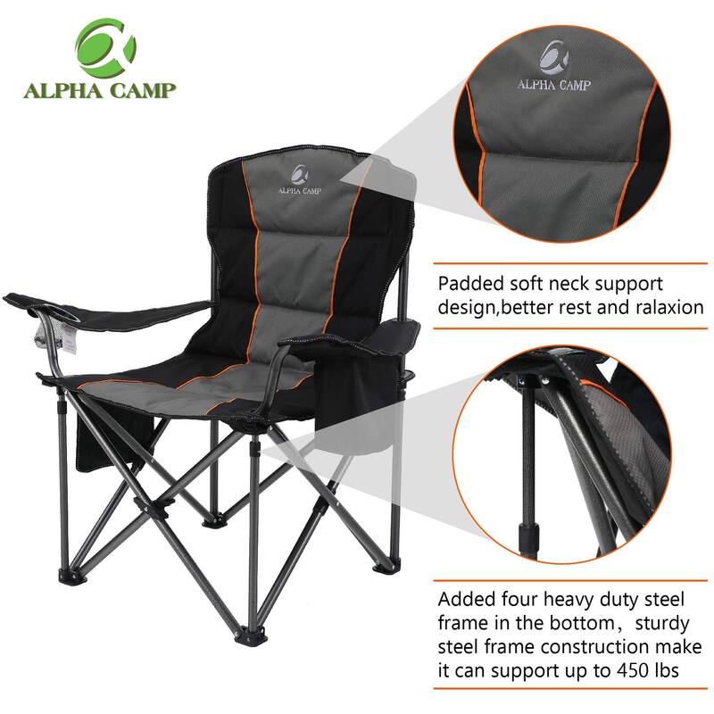 Oversized Camping Folding Chair Heavy Duty Support 450 LBS Steel Frame Collapsible Padded Arm Chair with Cup Holder
