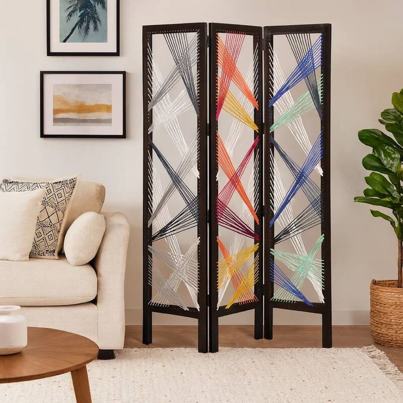 Contemporary 3 Panel Wooden Screen with Woven String Design, Multicolor