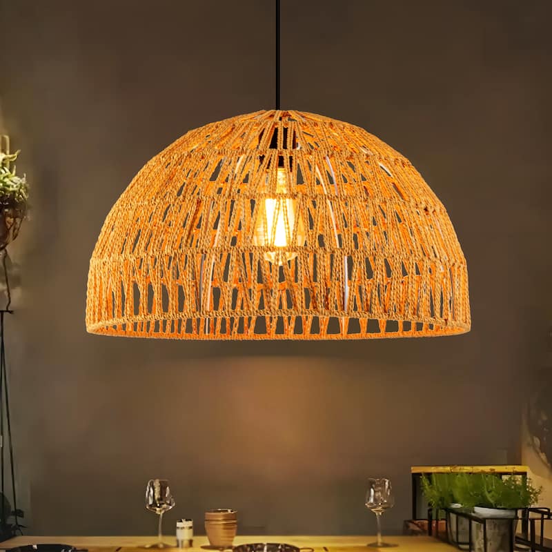 1-Light Modern Farmhouse Bohemian Round Hand-Woven Rattan Flush Mount Light Dome Pendant Light - 17.72 IN. W - Brown