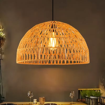 1-Light Modern Farmhouse Bohemian Round Hand-Woven Rattan Flush Mount Light Dome Pendant Light