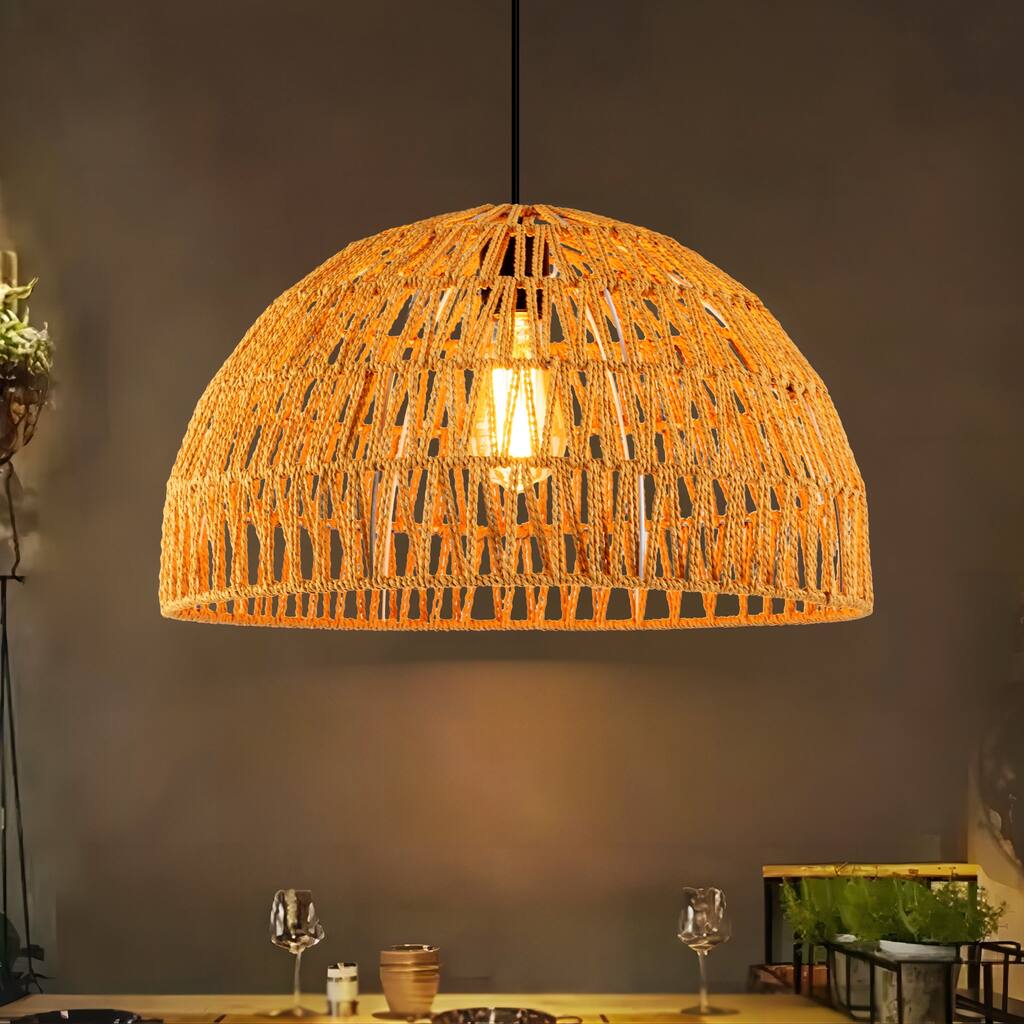 1-Light Modern Farmhouse Bohemian Round Hand-Woven Rattan Flush Mount Light Dome Pendant Light