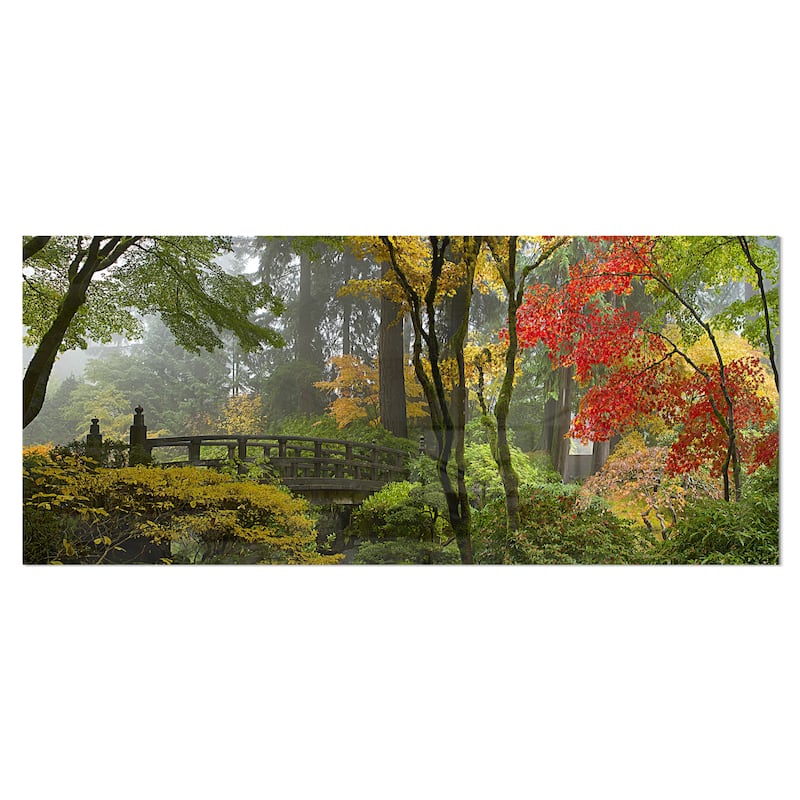 Designart 'Japanese Wooden Bridge in Fall' Photo Metal Wall Art - 28 in. wide x 12 in. high - 1 panel